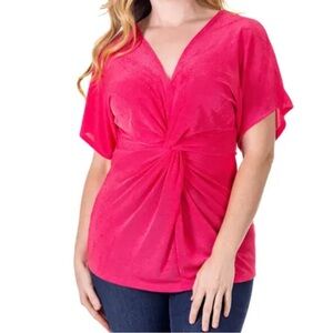 24seven Comfort Apparel Pink V Neck Knot Front Kimono Sleeve Top‎ women’s large